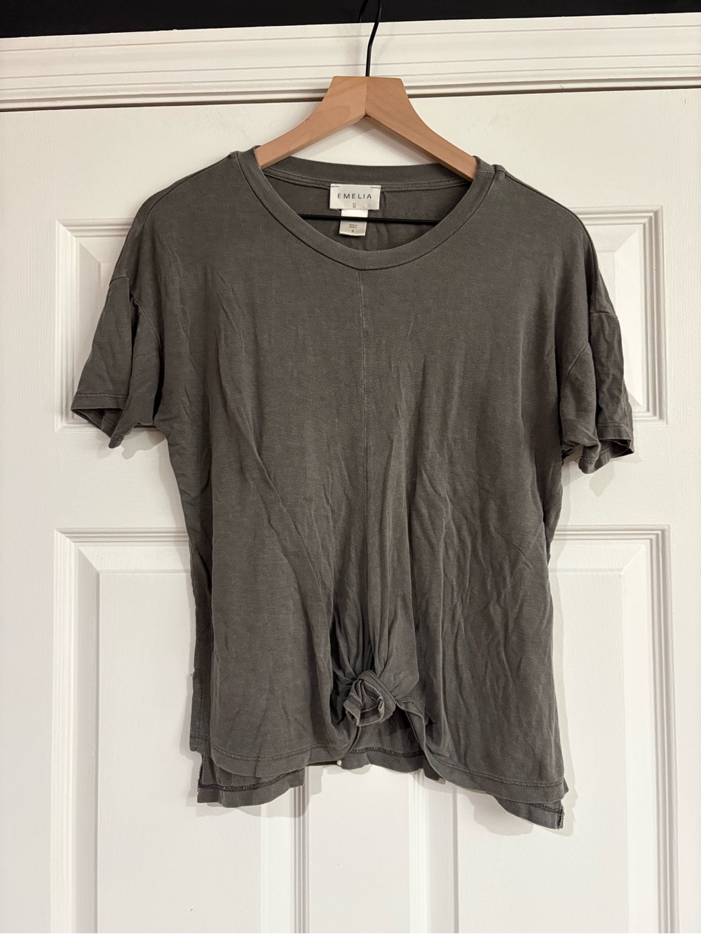 Emelia Short-Sleeve Knot-Front Blouse in Olive Gray